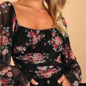 Floral Black and Pink Sheer Sleeve Bodysuit